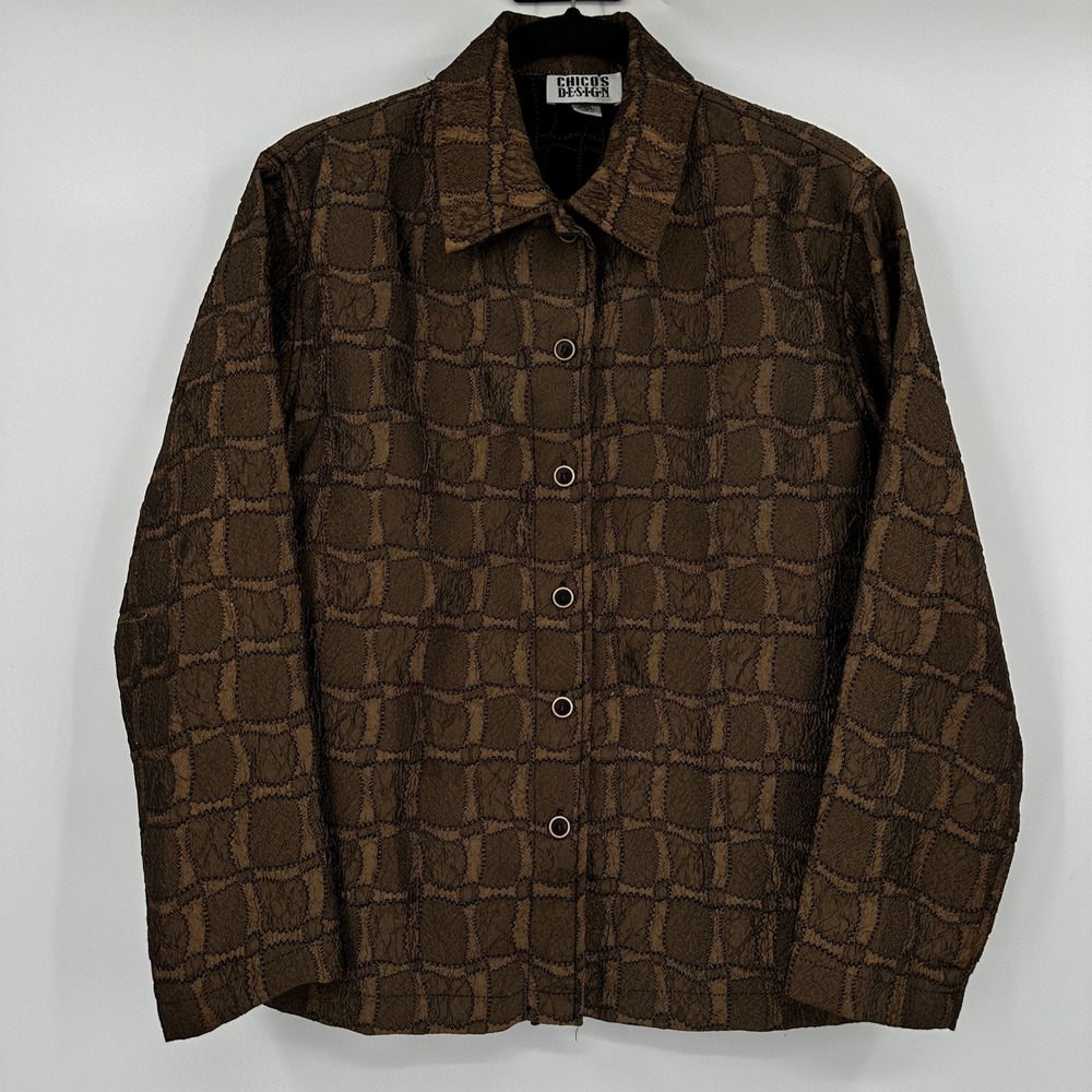 Chicos Design Brown Textured Grid Button Front Jacket Size 0 Small Earthy Artsy